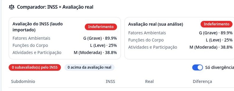 Tela real do comparador entre a avaliação do INSS e a avaliação do profissional